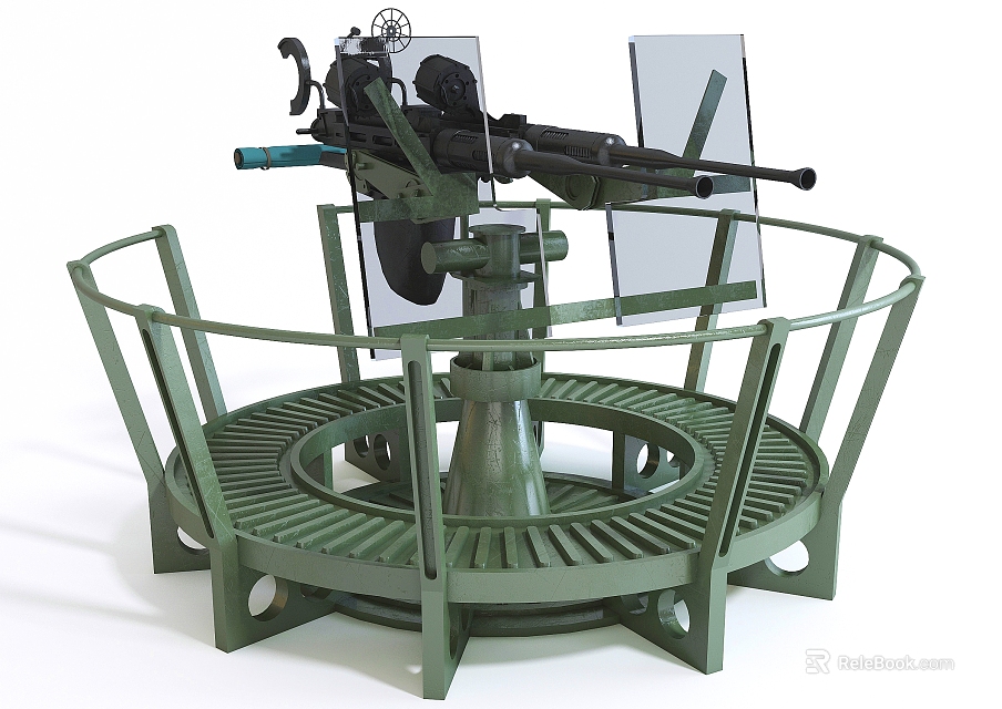 Military Machine Gun Mounted On Rotating Circular Base With Protective Shields And Steel Frame 3d model 
