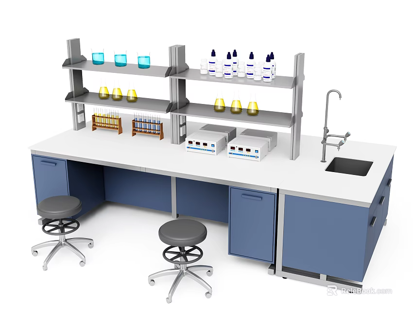 Functional Lab Table With Multiple Shelves Lab Equipment Blue Cabinets Faucet And Sink 3d model 