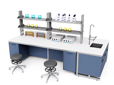 Functional Lab Table With Multiple Shelves Lab Equipment Blue Cabinets Faucet And Sink 3d model