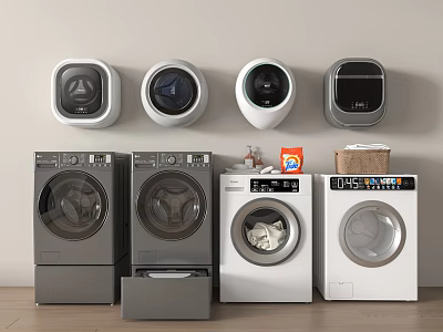 Various Wall mounted and Freestanding Washing Machines in White and Gray with Laundry Detergent 3d model