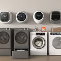 Various Wall mounted and Freestanding Washing Machines in White and Gray with Laundry Detergent