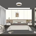 Minimalist Modern Bedroom With Bed Nightstands Artwork Ceiling Light Closet Bean Bag Chair And Rug