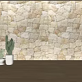 Wooden Floor With Potted Cactus Plants Against Stone Wall Background