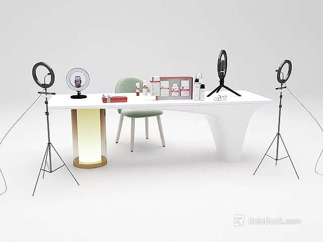 White Functional Desk Setup With Ring Lights Green Chair And Cosmetics On Stands 3d model 
