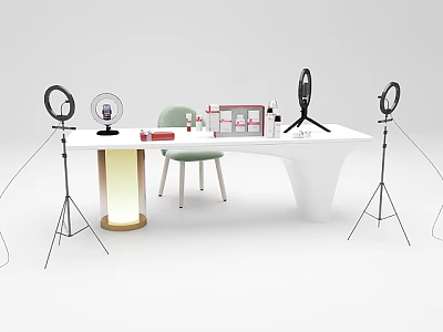 White Functional Desk Setup With Ring Lights Green Chair And Cosmetics On Stands 3d model