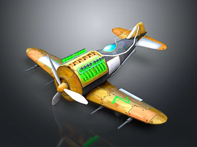 Vintage Space Aircraft 3D Model with Propeller Wings and Green Accents 3d model