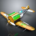 Vintage Space Aircraft 3D Model with Propeller Wings and Green Accents