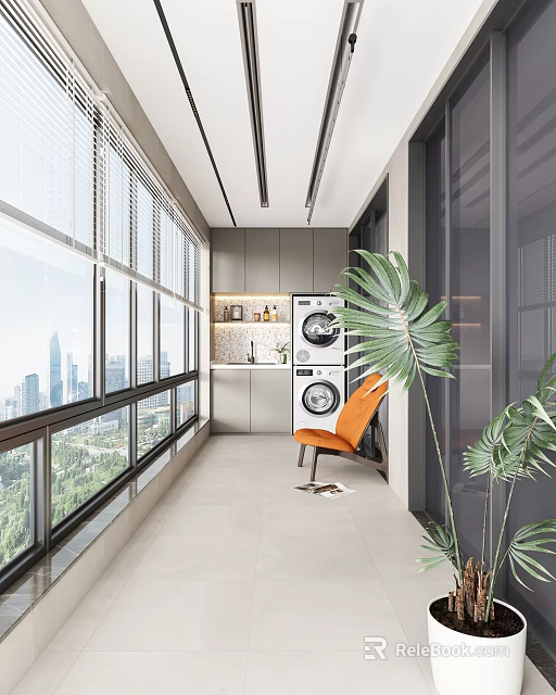 Spacious Home Balcony with Large Windows City View Washing Machines Orange Chair and Palm Plant 3d model 