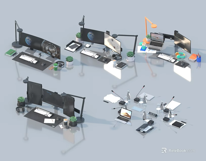 Modern Computer Workspace Setup With Multiple Monitors Laptops Desk Lamp And Green Plants 3d model 