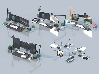 Modern Computer Workspace Setup With Multiple Monitors Laptops Desk Lamp And Green Plants 3d model
