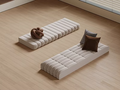 Beige Padded Floor Mats With Knitted Item And Cushions On Wooden Floor 3d model