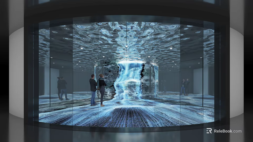 Circular Glass Exhibition Space With Dynamic Water Ripples Waterfall Effect Transparent Floor And Visitors 3d model 
