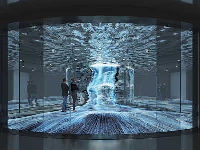 Circular Glass Exhibition Space With Dynamic Water Ripples Waterfall Effect Transparent Floor And Visitors 3d model