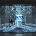 Circular Glass Exhibition Space With Dynamic Water Ripples Waterfall Effect Transparent Floor And Visitors