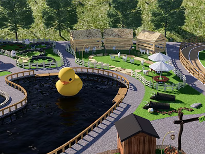 Scenic Wall Landscape With Yellow Rubber Duck Pond Wooden Huts and Green Area 3d model