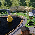 Scenic Wall Landscape With Yellow Rubber Duck Pond Wooden Huts and Green Area