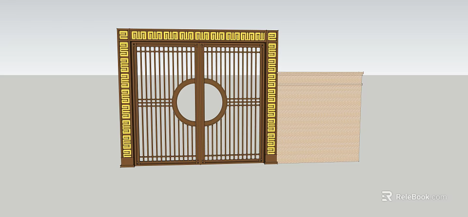 Traditional Chinese Wooden Gate Featuring Golden Decorations Circular Lattice Design And Beige Wall Panel 3d model 