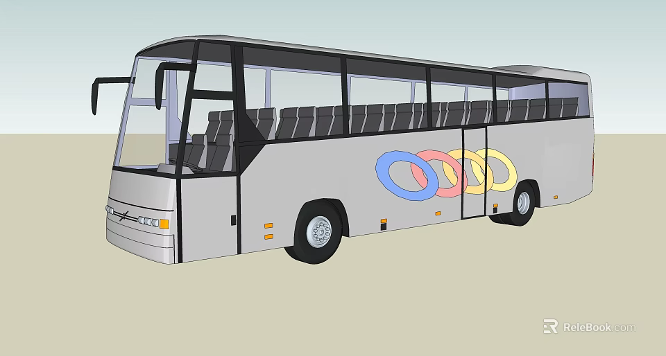 Silver Tourist Bus With Olympic Rings Design And Comfortable Interior Seats 3d model 