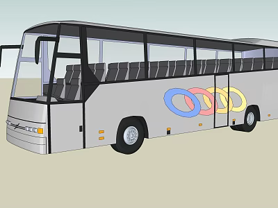 Silver Tourist Bus With Olympic Rings Design And Comfortable Interior Seats 3d model