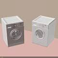 Two White Modern Front Load Washing Machines in Pink and Beige Background