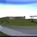 Scenic Park Landscape With Green Lawn Modern Building Walkway Blue Sky And White Clouds