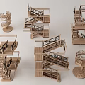 Wooden Staircase Models With Various Designs Including Spiral And Curved Structures 3d model