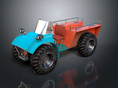 Blue And Orange Off Road Vehicle With Large Tires And Metal Railings 3d model