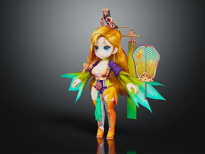 Cute Oriental Fantasy Creature With Golden Long Hair Blue Eyes Green Wings Holding Lantern 3d model