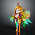 Cute Oriental Fantasy Creature With Golden Long Hair Blue Eyes Green Wings Holding Lantern