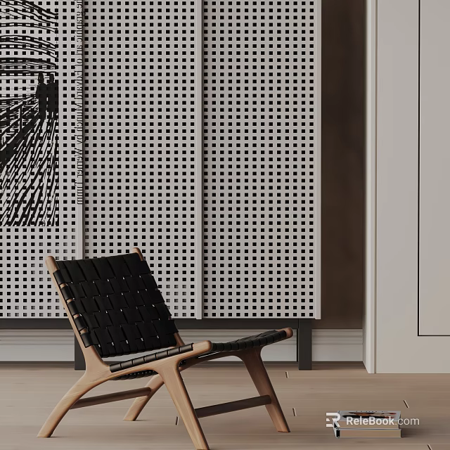 Modern Dining Chair Featuring Wooden Frame Black Woven Cushion And Perforated Screen Backdrop 3d model 