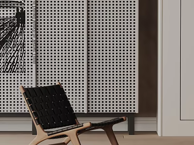 Modern Dining Chair Featuring Wooden Frame Black Woven Cushion And Perforated Screen Backdrop 3d model