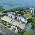 Modern Office Building Exterior With Multiple Glass Windows Flat Roof Front Entrance And Landscaping