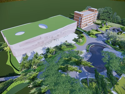 Modern Building With Green Roof And Adjacent Structure Surrounded By Trees And Landscaping 3d model