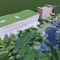 Modern Building With Green Roof And Adjacent Structure Surrounded By Trees And Landscaping