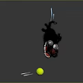 Black Cartoon Creature Character With Red Nose Sharp Teeth Holding Weapon Near Yellow Tennis Ball