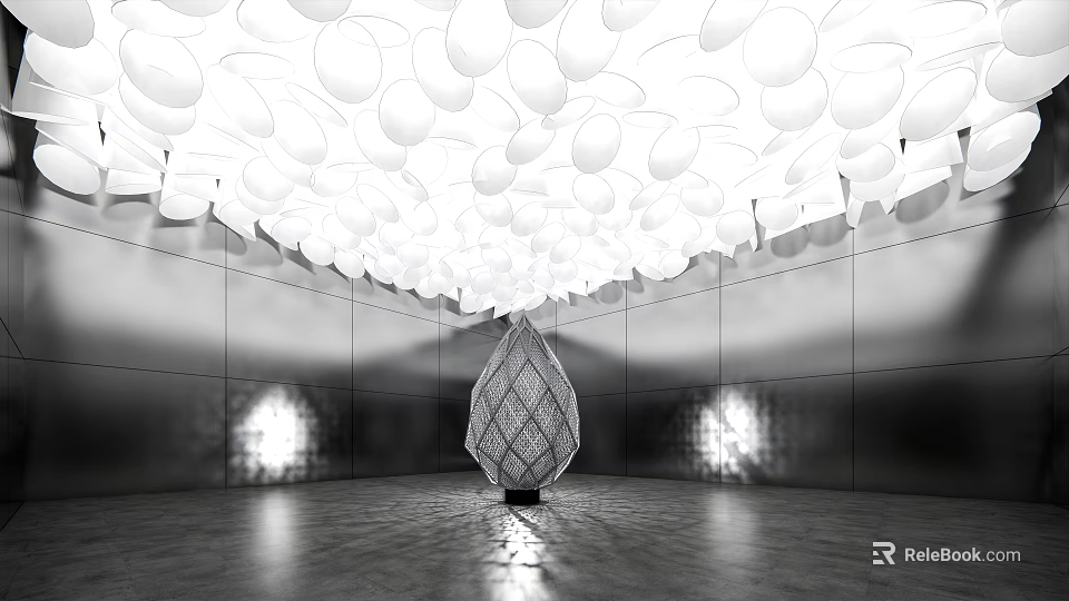 Modern Exhibition Hall Interior With White Petal Shaped Ceiling Metallic Walls And Central Diamond Decoration 3d model 