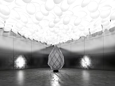Modern Exhibition Hall Interior With White Petal Shaped Ceiling Metallic Walls And Central Diamond Decoration 3d model