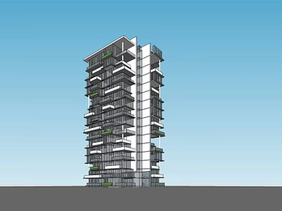 Modern High Rise Office Building Exterior Design With Balconies And Greenery 3d model