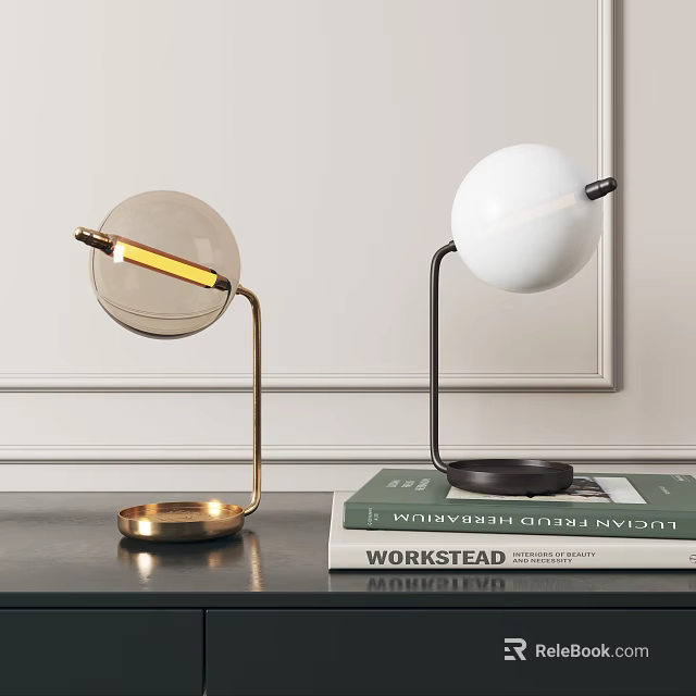 Elegant Modern Table Lamps With Gold Black Bases And Round White Spherical Shades On Desktop 3d model 