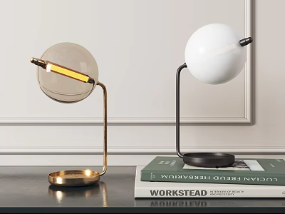 Elegant Modern Table Lamps With Gold Black Bases And Round White Spherical Shades On Desktop 3d model
