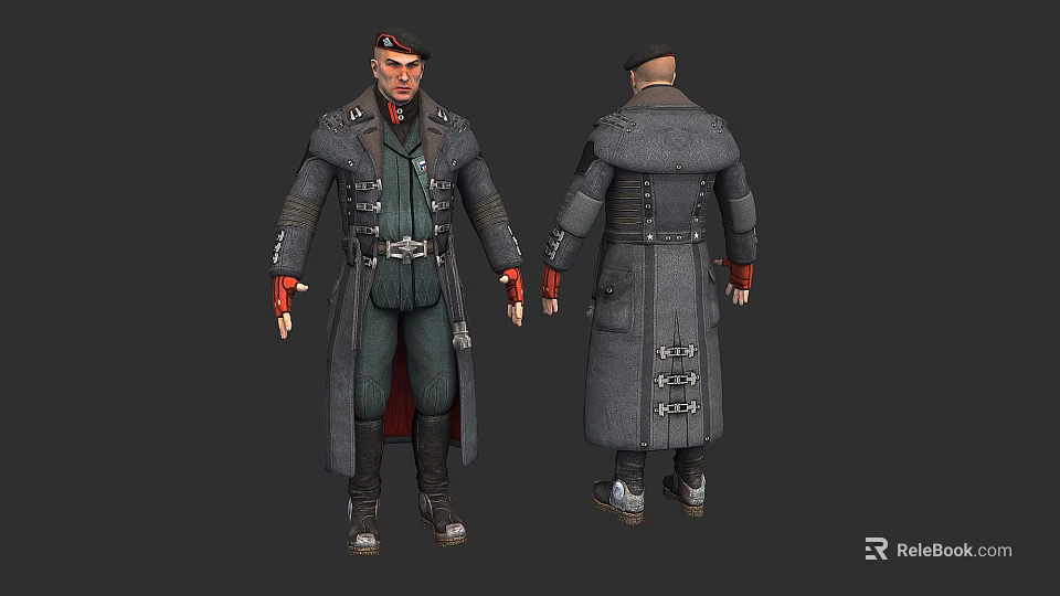 Game Movie Character in Long Coat with Belt Red Gloves Boots and Cap 3d model 