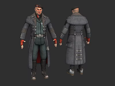 Game Movie Character in Long Coat with Belt Red Gloves Boots and Cap 3d model