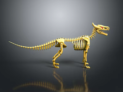Golden Dinosaur Skeleton Model Standing On Black Background With Reflection 3d model