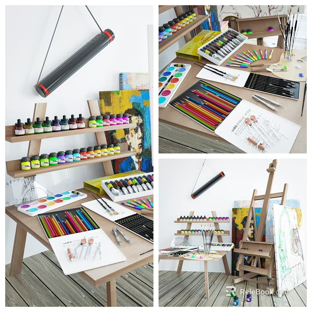 Colorful Art Supplies Collection with Paint Bottles Colored Pencils Brushes and Easels for Artists 3d model 