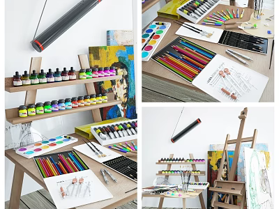 Colorful Art Supplies Collection with Paint Bottles Colored Pencils Brushes and Easels for Artists 3d model