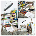 Colorful Art Supplies Collection with Paint Bottles Colored Pencils Brushes and Easels for Artists