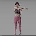 Woman Stretching Arms In Gray Sports Bra And Pink Leggings On Gray Background