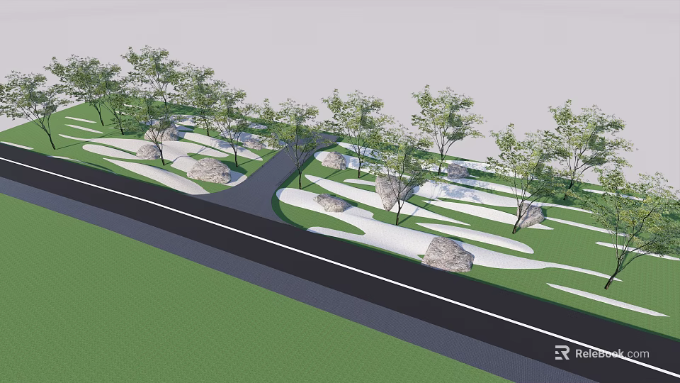 Park Landscape With Lush Trees Winding Pathway Decorative Rocks And Green Grass 3d model 