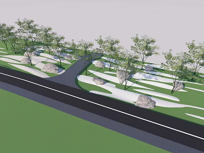 Park Landscape With Lush Trees Winding Pathway Decorative Rocks And Green Grass 3d model