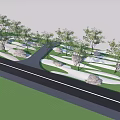 Park Landscape With Lush Trees Winding Pathway Decorative Rocks And Green Grass